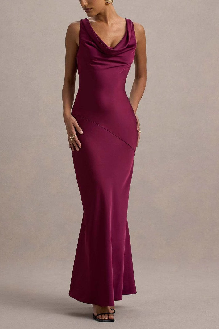 Satin Cowl Neck Wide Strap Sleeveless Diagonal Seam Sheath Maxi Gown - View 3