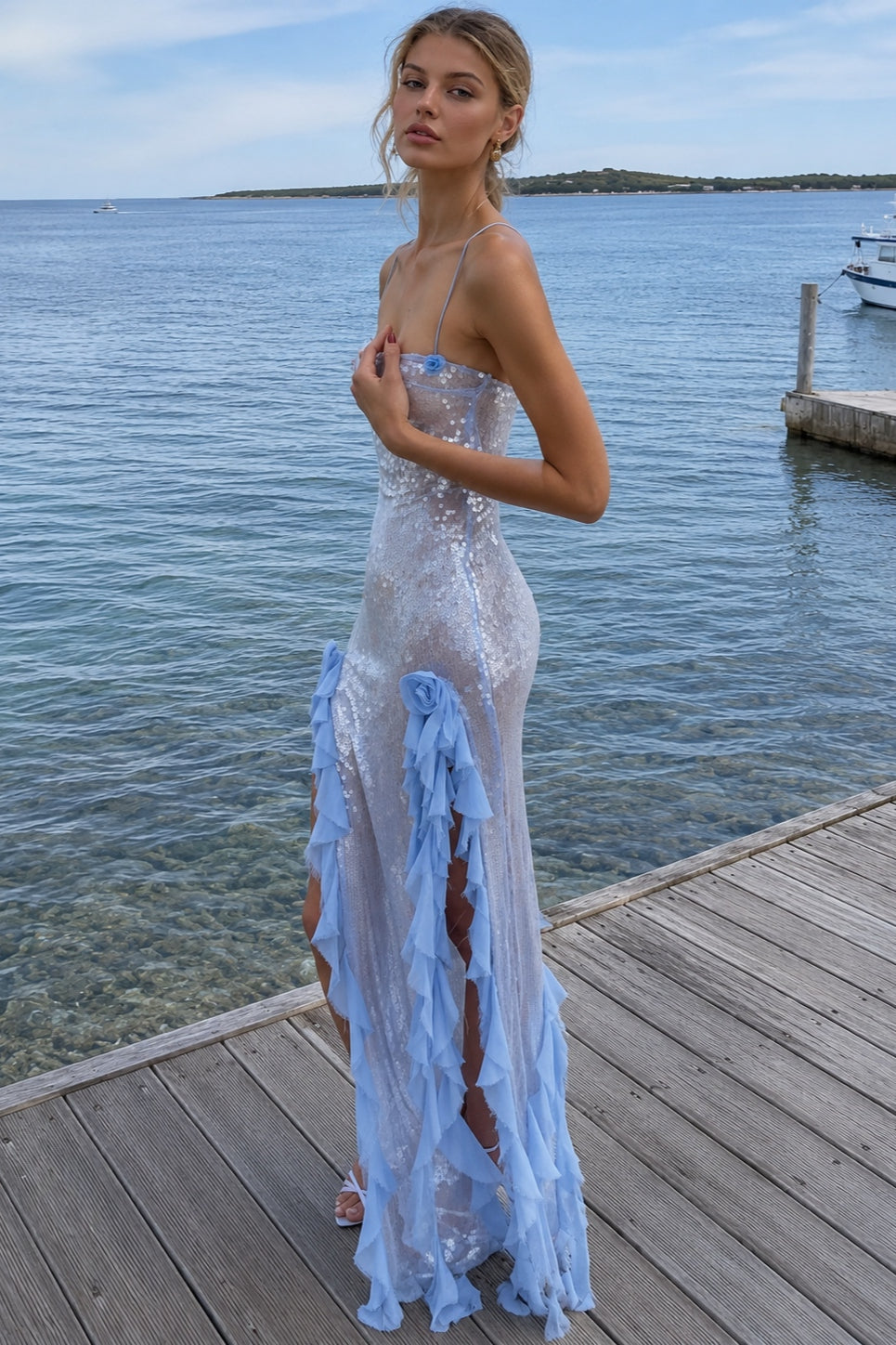 Sequin Square Neck High Split Ruffle Maxi Gown 4
