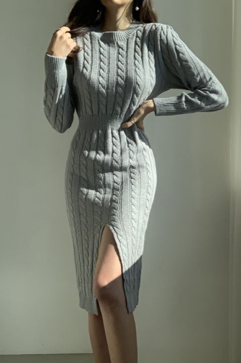 Ribbed Reversible Crewneck Split Hem Sweater Dress
