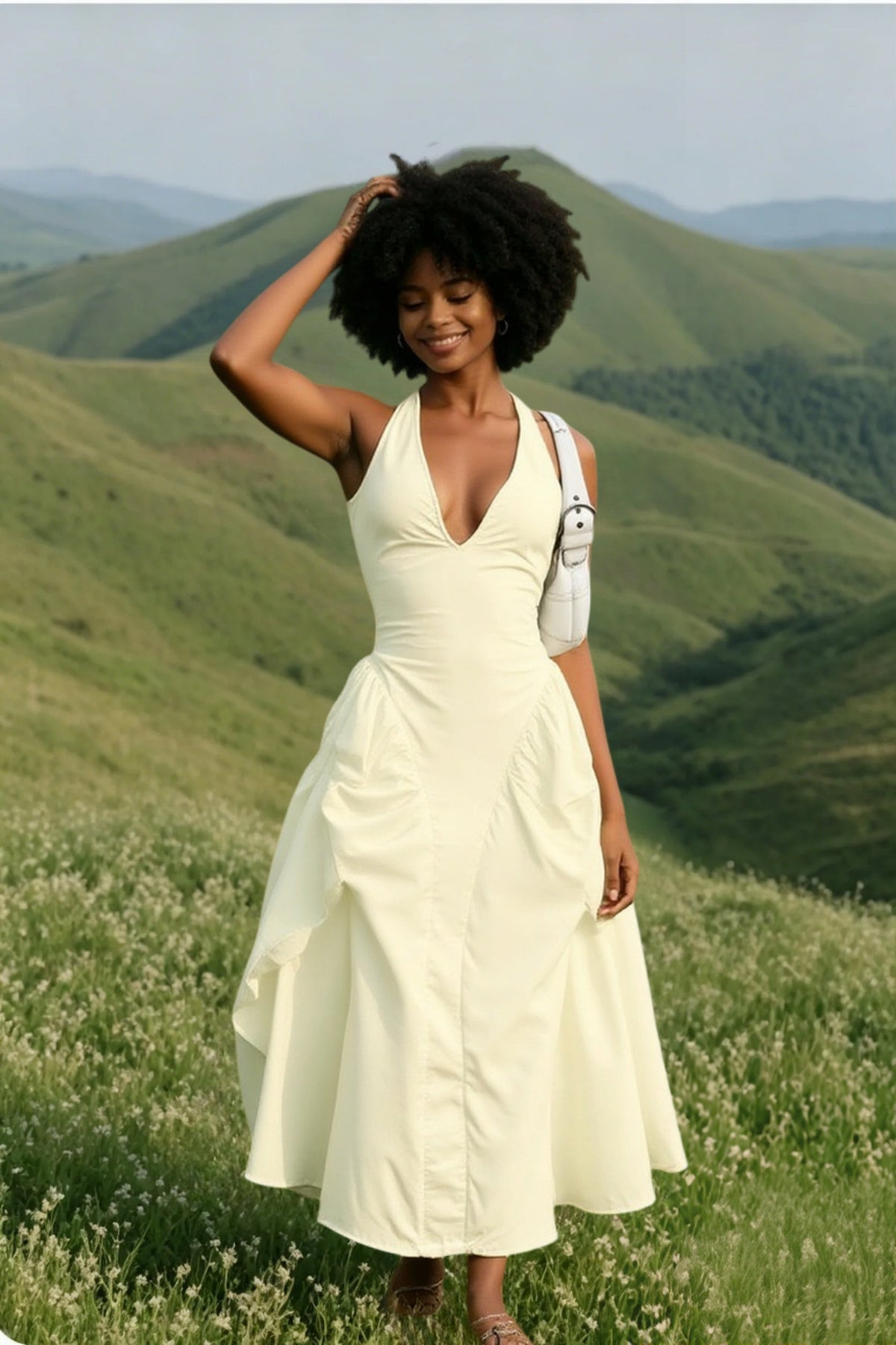 Cotton Plunge Halter Neck Fit-and-Flare Midi Dress