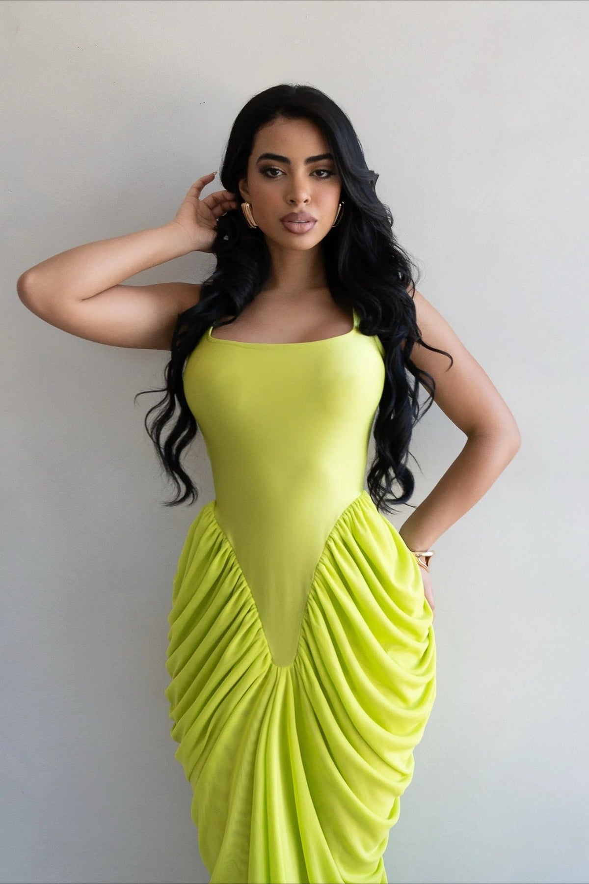 Mesh Scoop Neck Ruched Draped Mermaid Maxi Dress