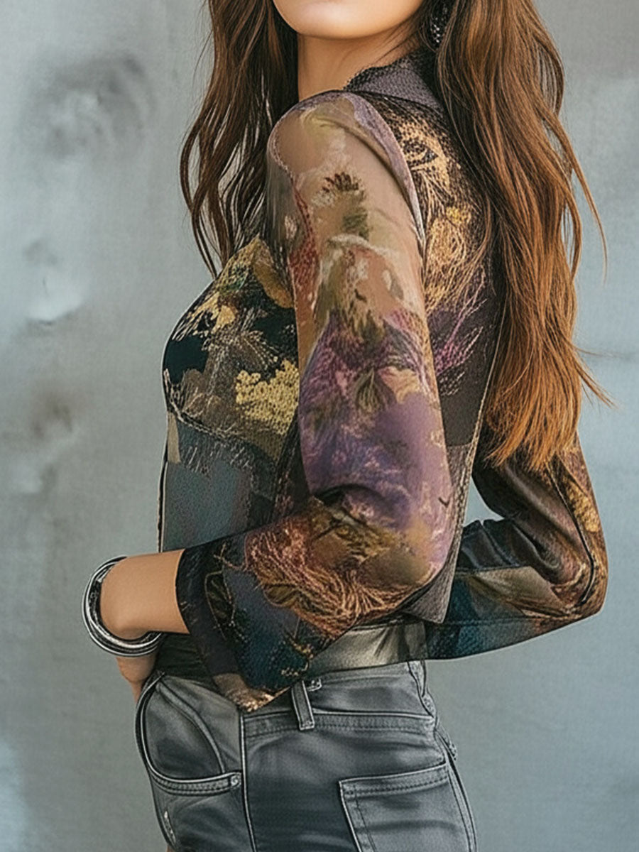 V Neck Lace Trim Floral Boho Patchwork Blouse - Fashionpara