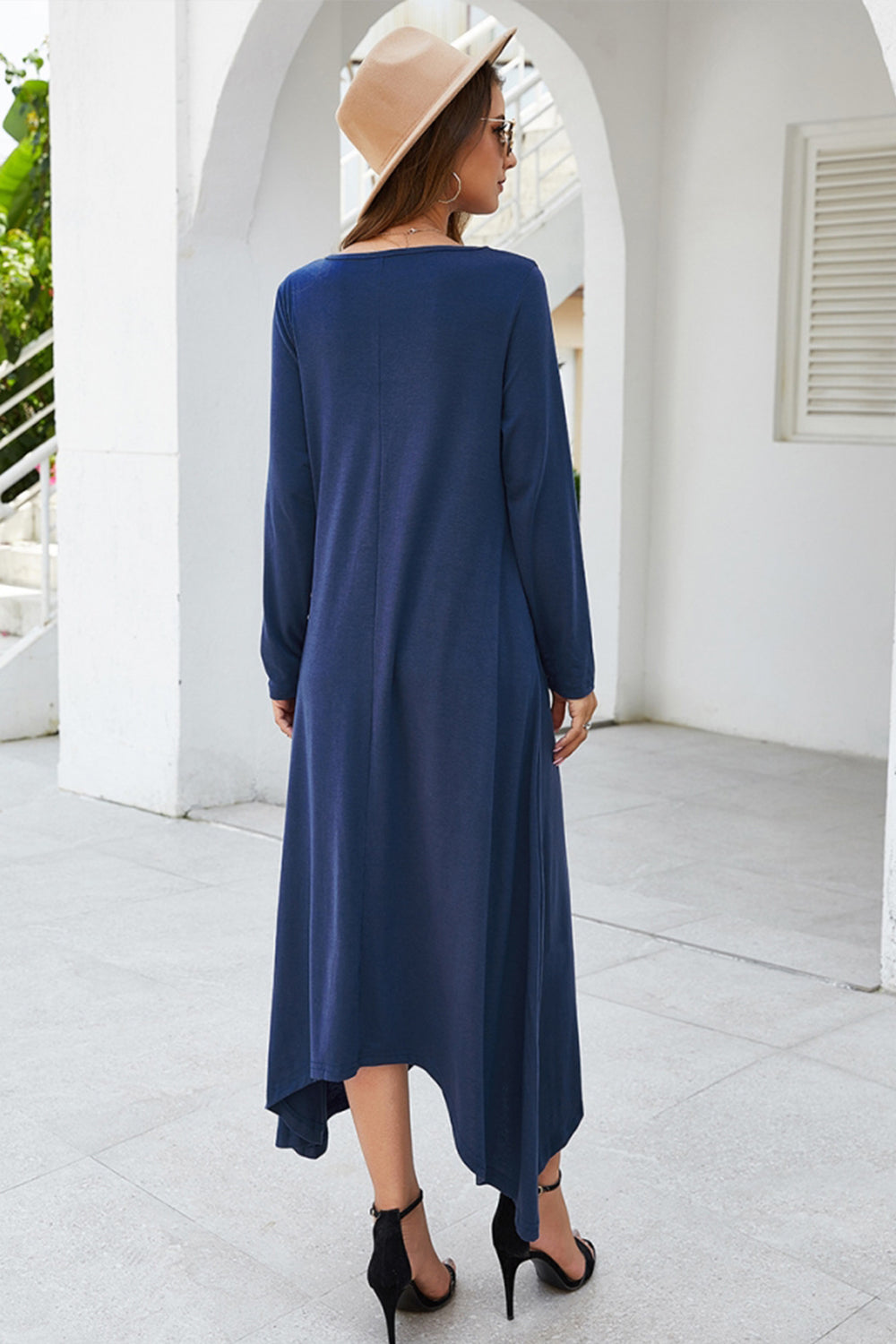 Solid Color Big Swing Skirt Long Sleeve Dress - Fashionpara