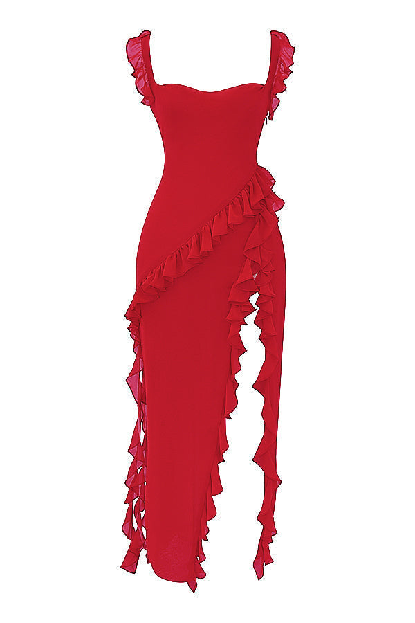 Square Neck Ruffle Strap High Split Asymmetrical Cascade Maxi Dress 67