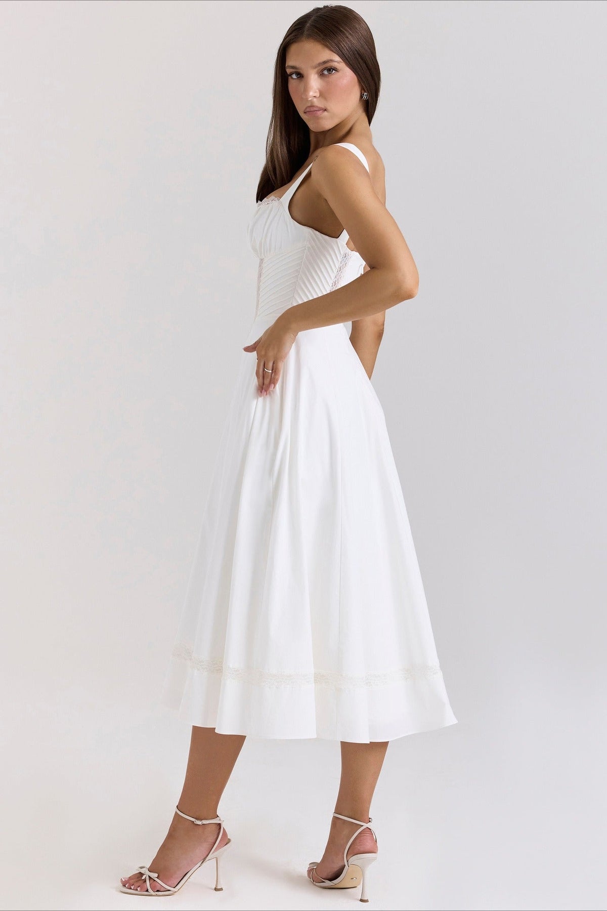 Cotton Square Neck Lace Panel Corset Midi Dress