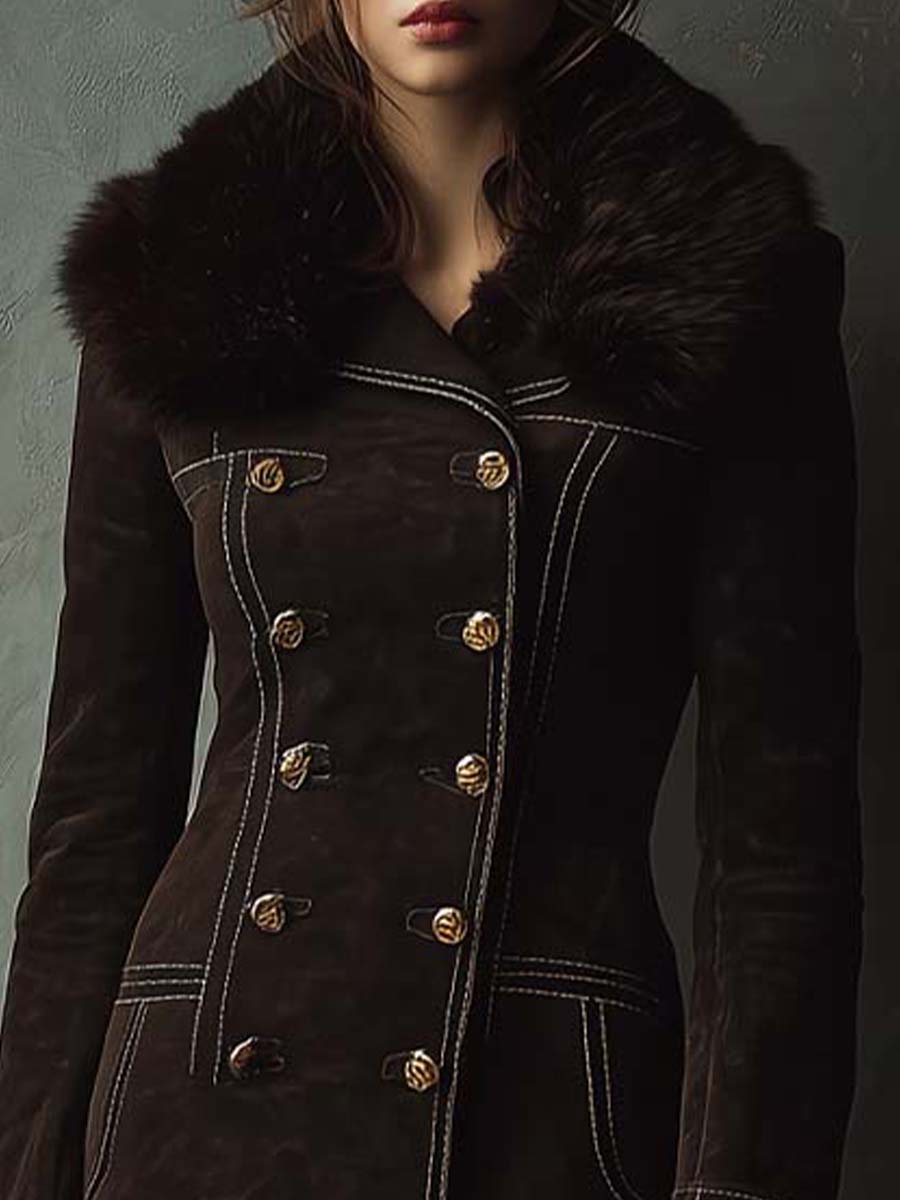 Vintage Dark Brown Eco-Suede Coat With Faux Fur Collar And Contrast Stitching - Fashionpara
