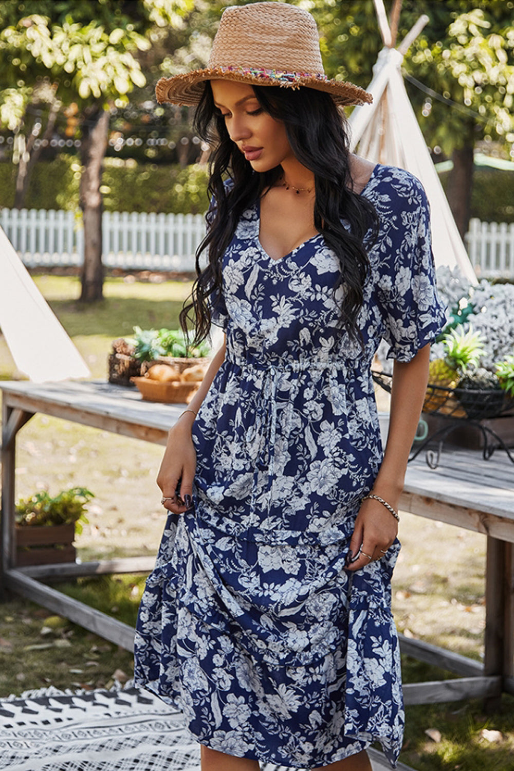 V-Neck Cotton Print Dress - Fashionpara