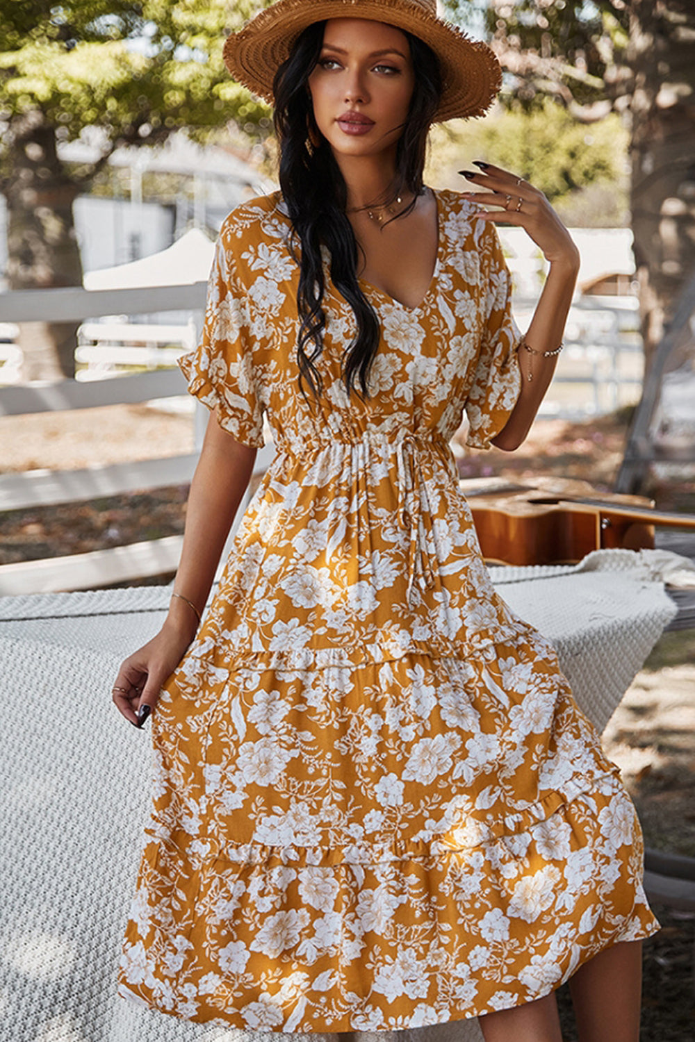 V-Neck Cotton Print Dress - Fashionpara