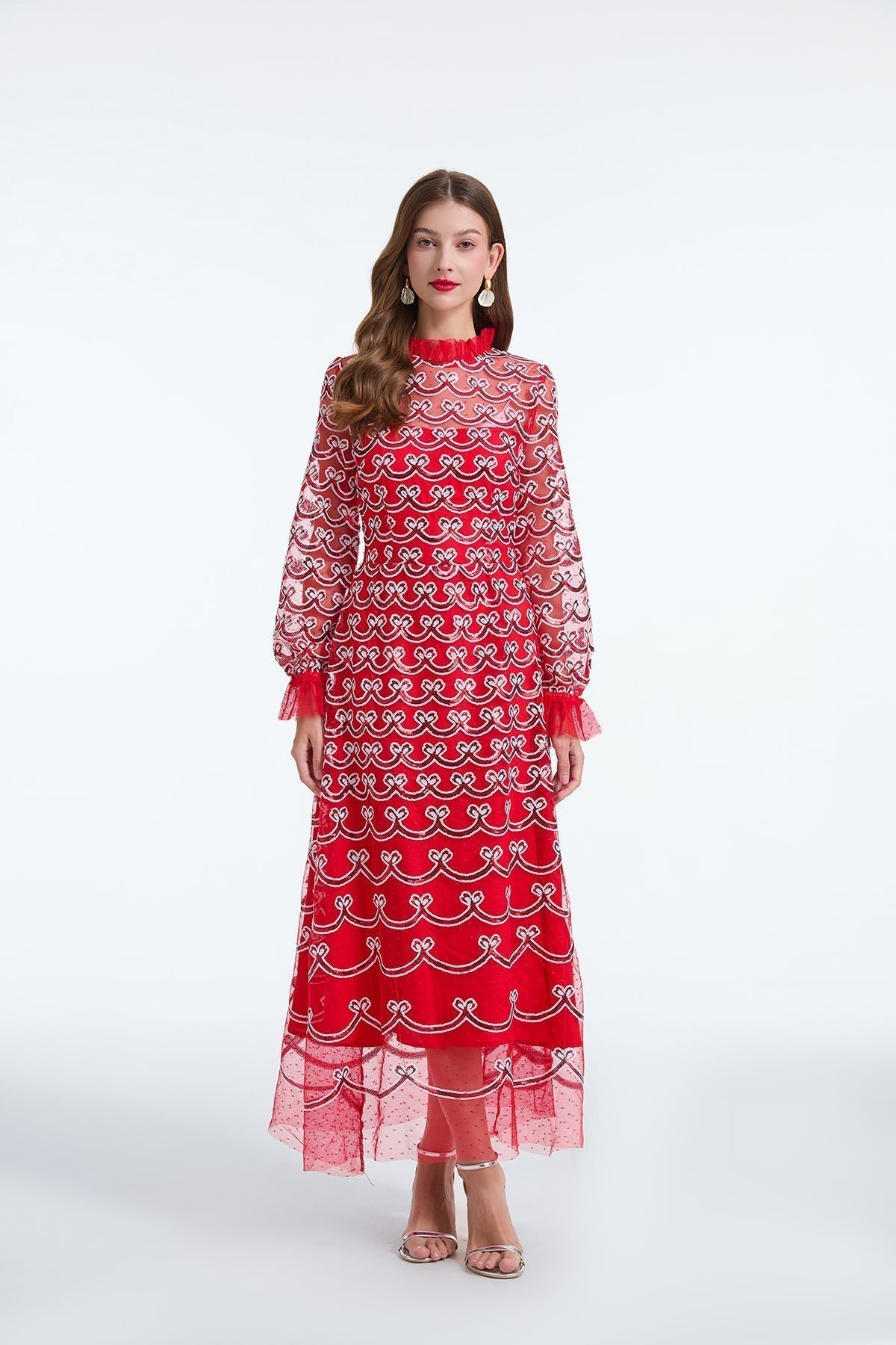 Embroidered Mesh High Neck Long Sleeve A-Line Midi Dress