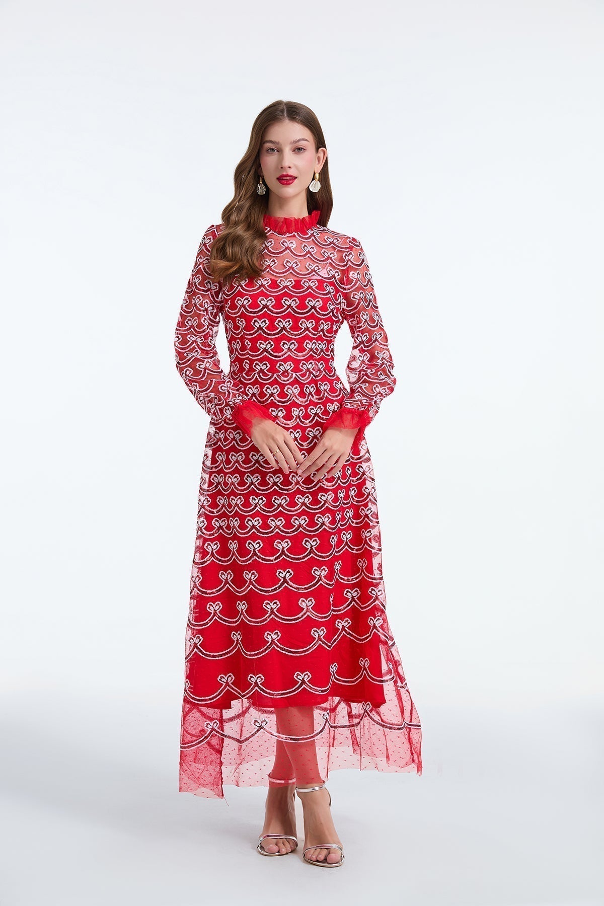 Embroidered Mesh High Neck Long Sleeve A-Line Midi Dress - View 2