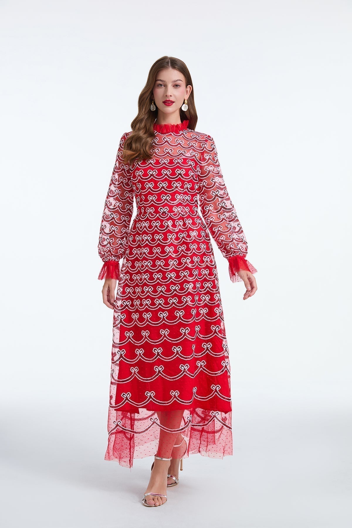 Embroidered Mesh High Neck Long Sleeve A-Line Midi Dress - View 3