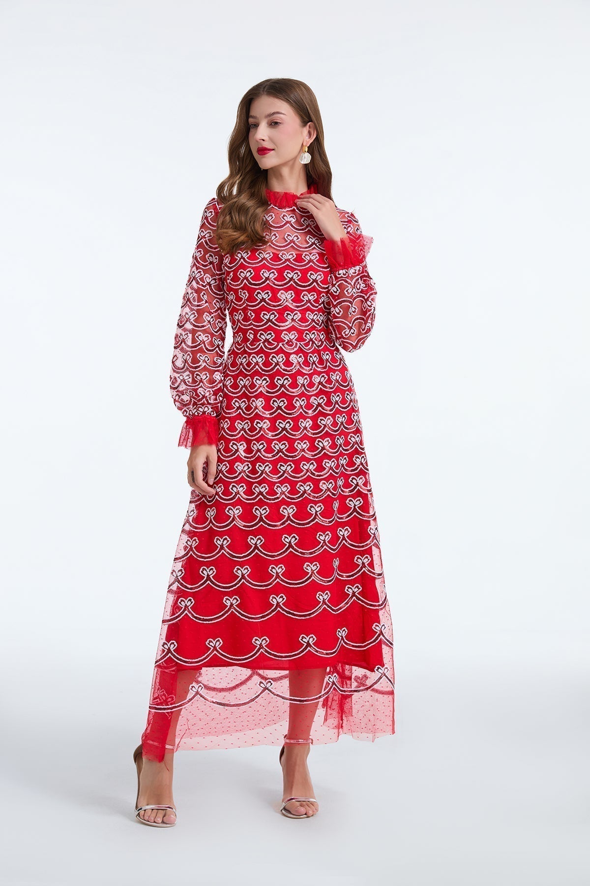 Embroidered Mesh High Neck Long Sleeve A-Line Midi Dress - View 4