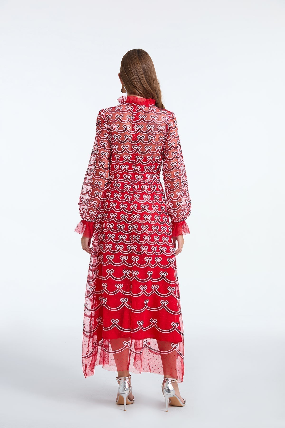 Embroidered Mesh High Neck Long Sleeve A-Line Midi Dress - View 5