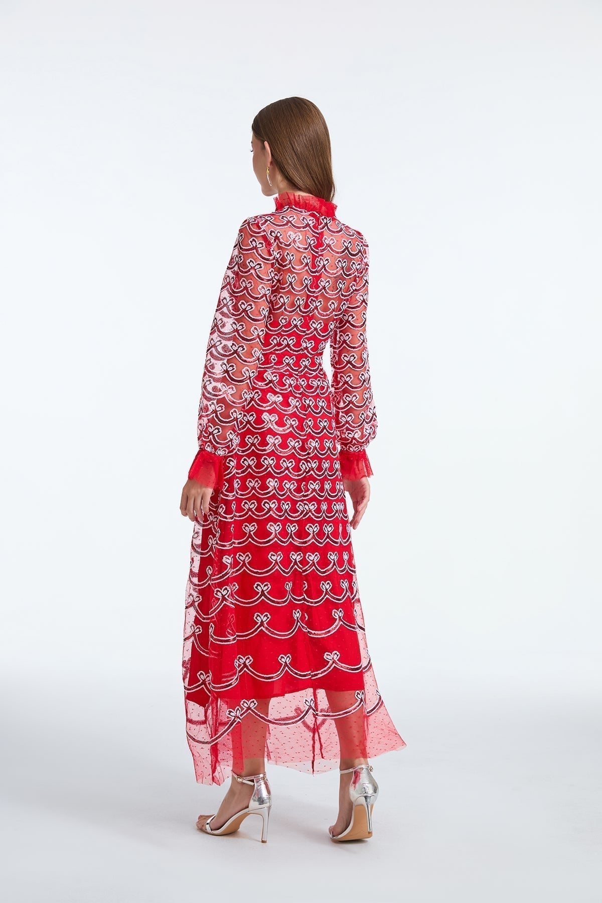 Embroidered Mesh High Neck Long Sleeve A-Line Midi Dress - View 6