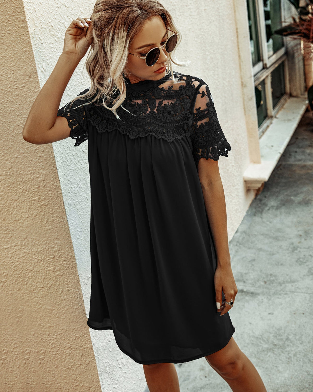 Lace Yoke High Neck Short Sleeve Shift Mini Dress