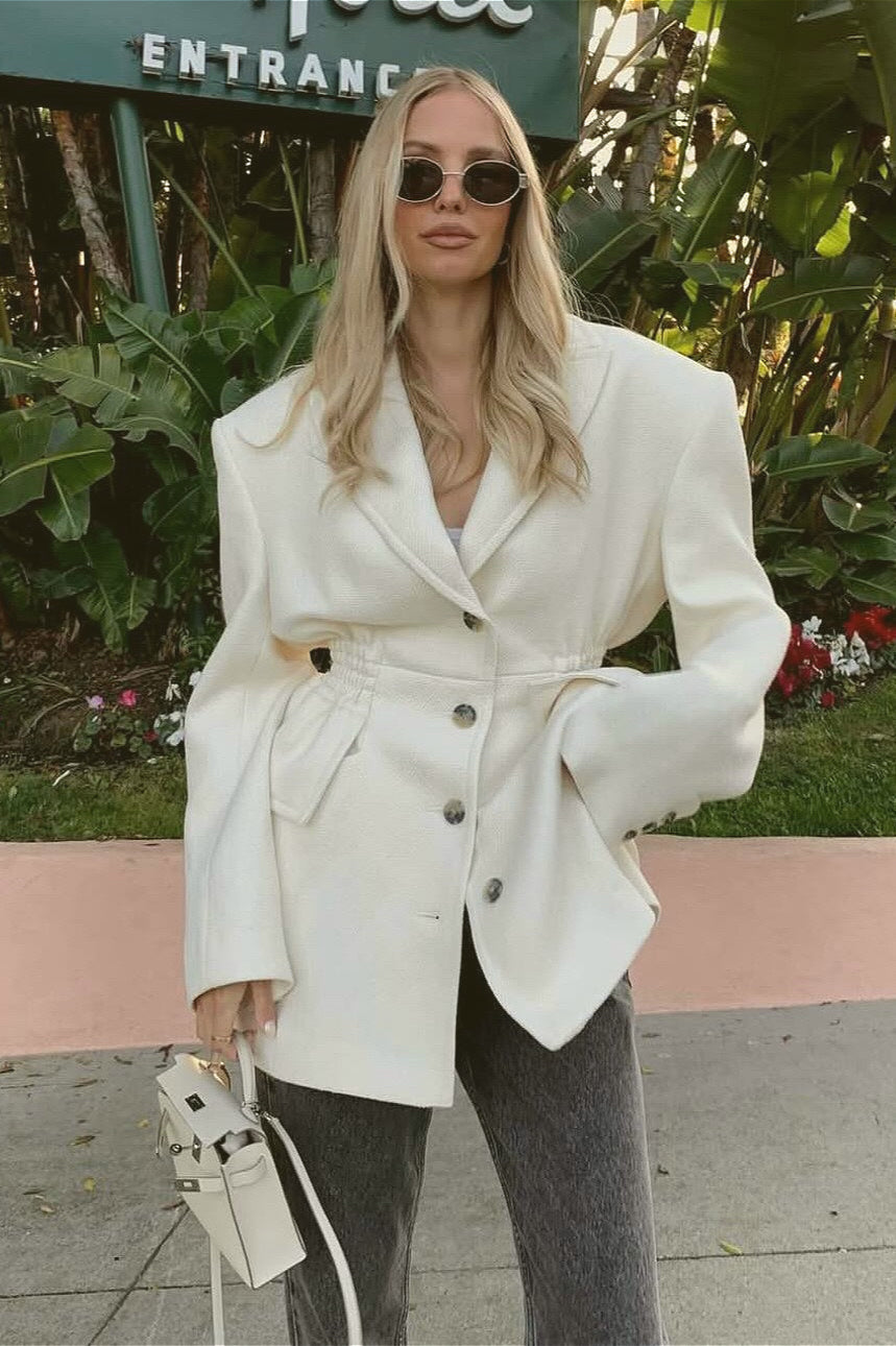 White V Neck Waist Cinched Blazer