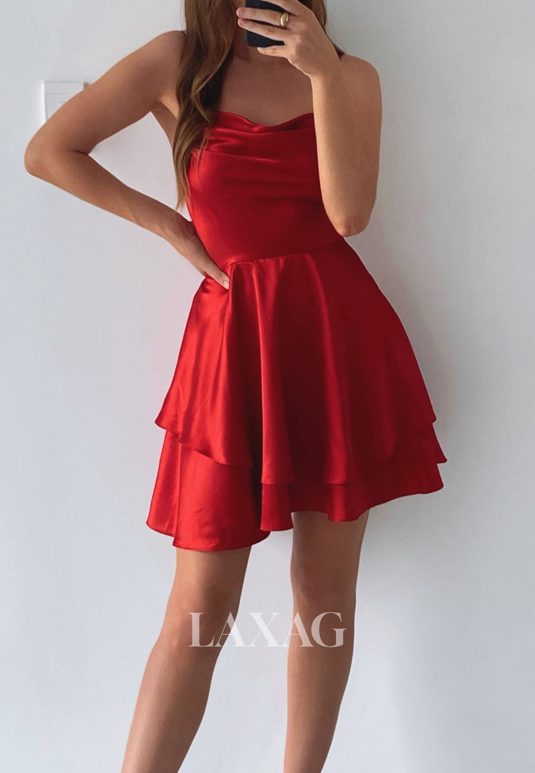 Spaghetti Straps Scoop-Neck Sleeveless Pleated Satin A-Line Party Homecoming Dress
