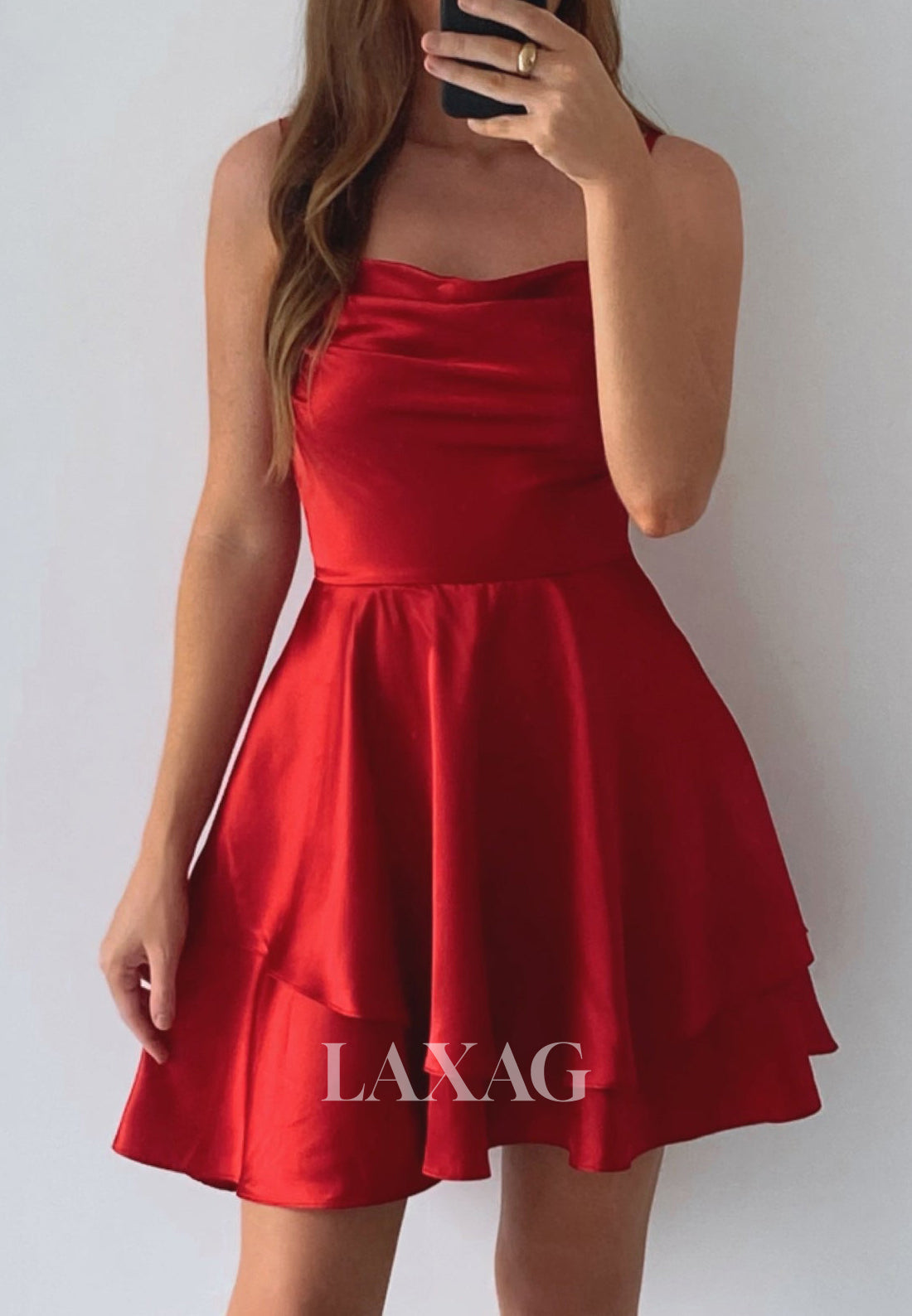 Spaghetti Straps Scoop-Neck Sleeveless Pleated Satin A-Line Party Homecoming Dress