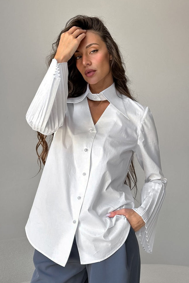 Pintuck Flare Sleeve Cotton Blouse