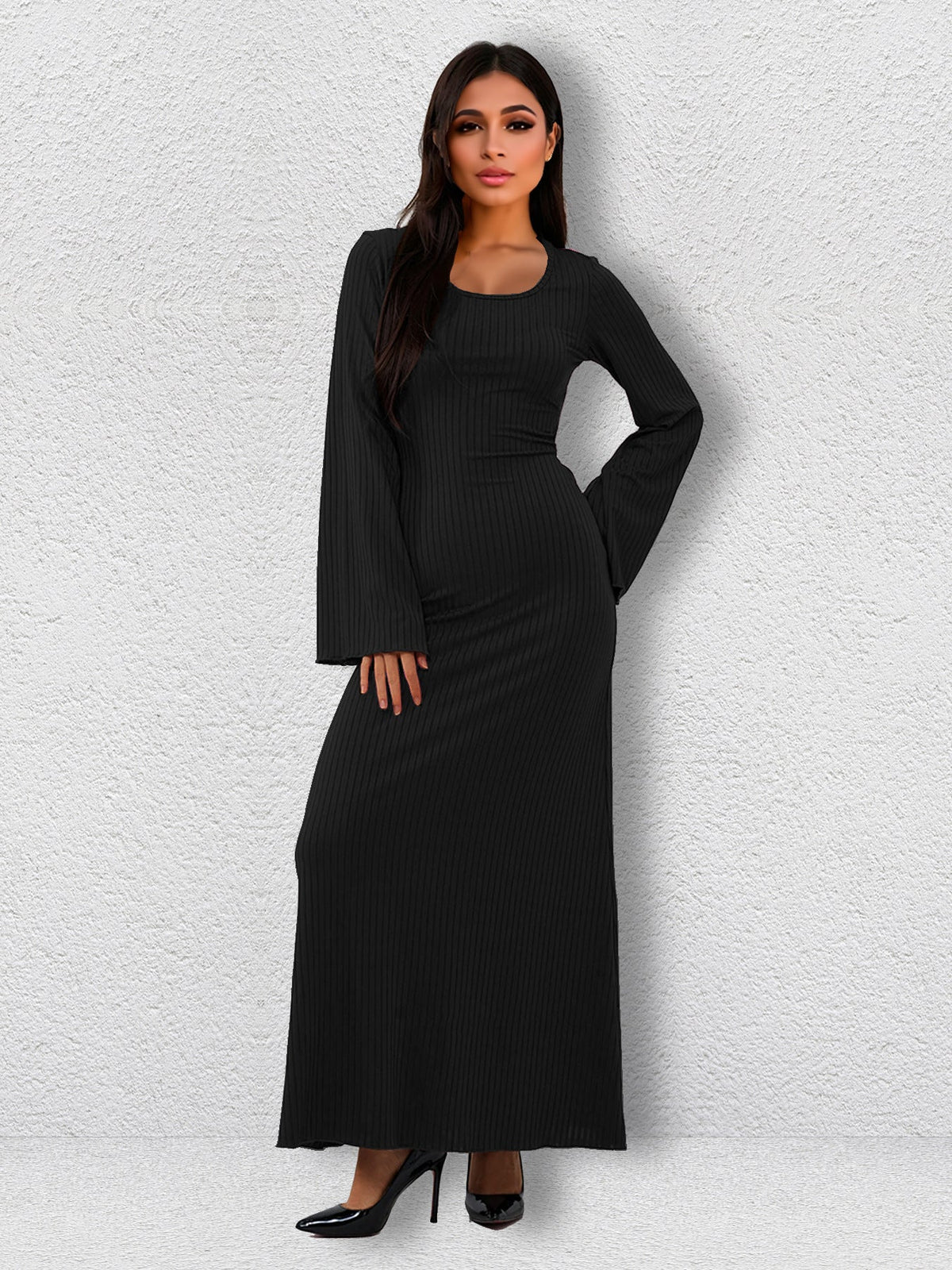 Ribbed Knit Scoop Neck Bell Sleeve Bodycon Maxi Dress - View 7