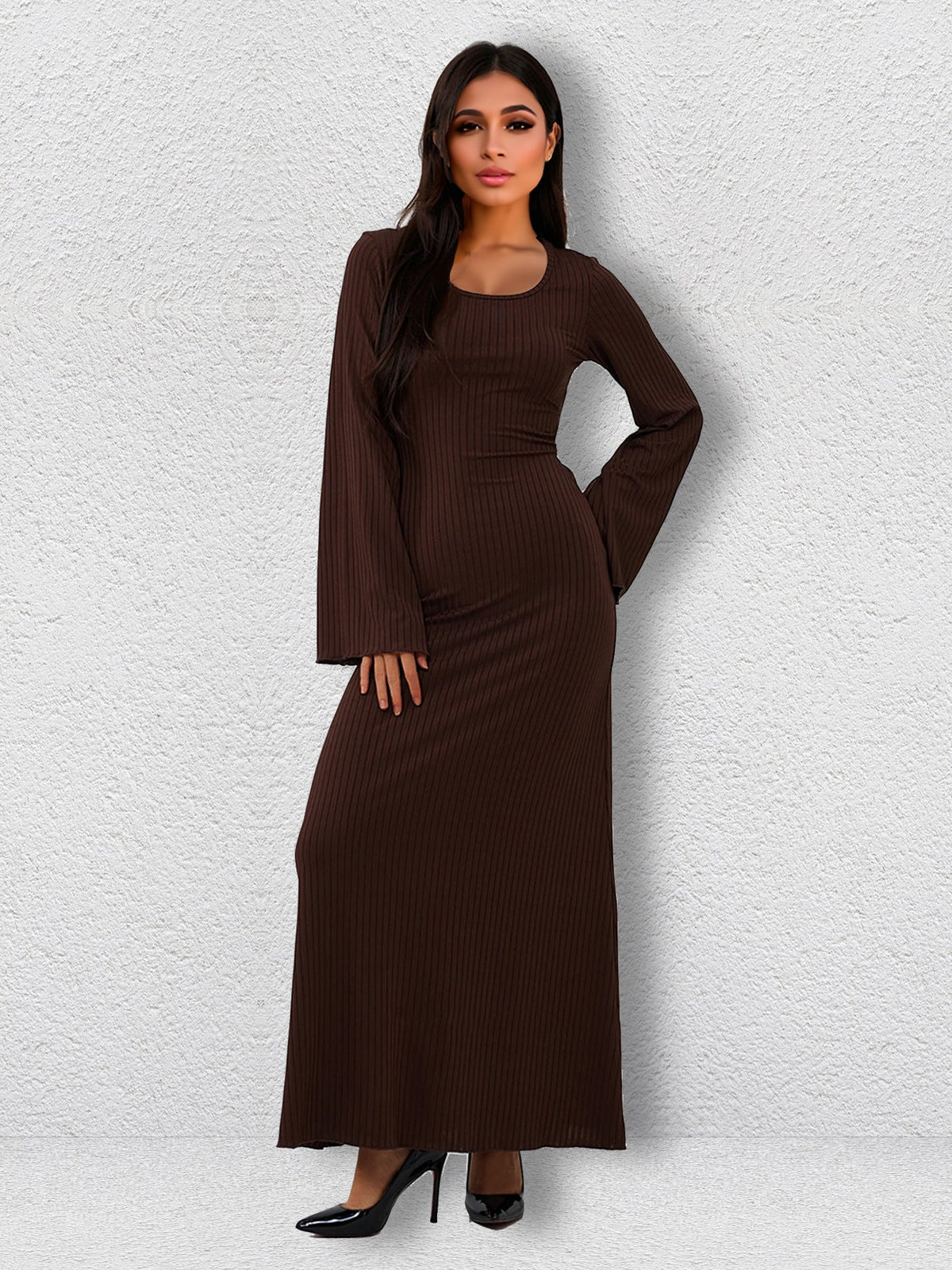 Ribbed Knit Scoop Neck Bell Sleeve Bodycon Maxi Dress - View 8