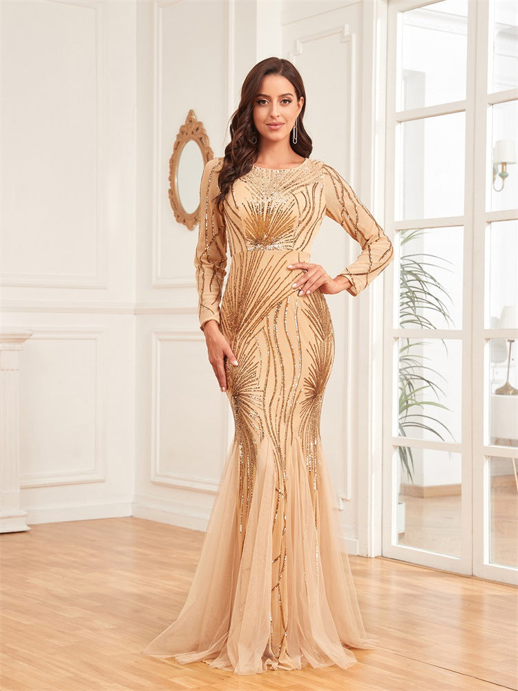 Sequin Crew Neck Long Sleeve Tulle Mermaid Maxi Gown