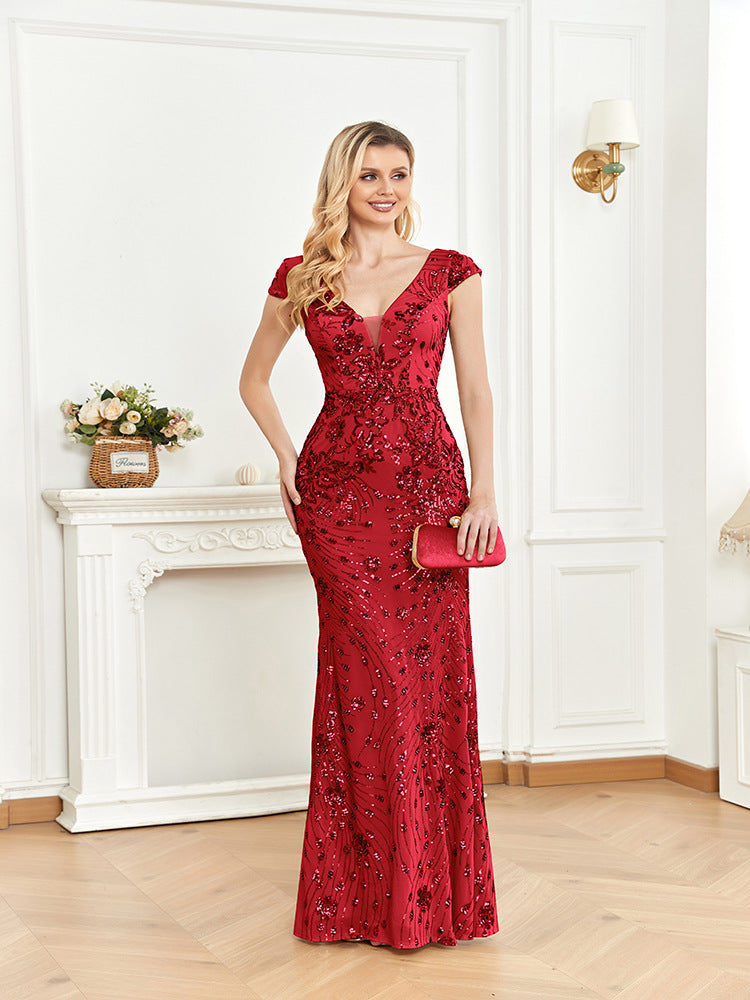 Sequin V-Neck Cap Sleeve Mermaid Evening Gown