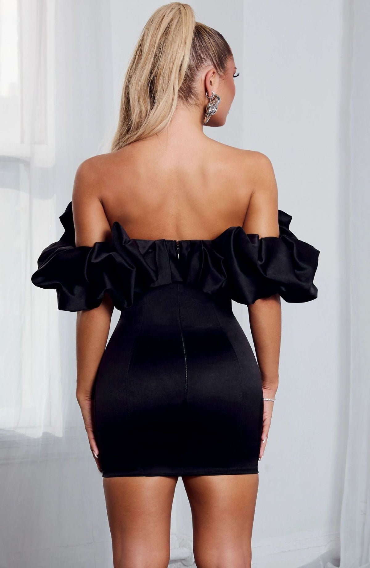 Zari Satin Ruffles Off Shoulder Mini Dress  - Black - View 9