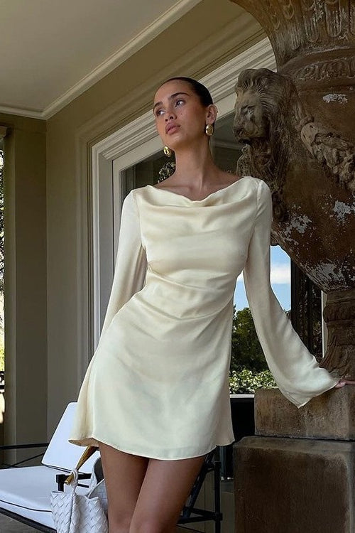 Satin Cowl Neck Long Sleeve Cut Out Back Bias Cut Mini Dress in Yellow