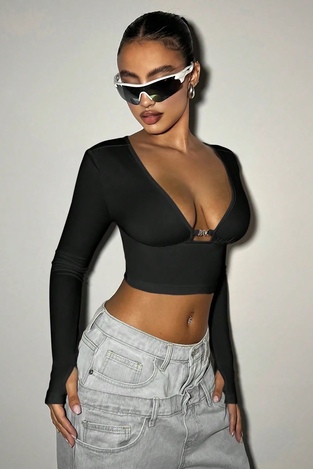 Deep V Hollow Buckle Crop Top