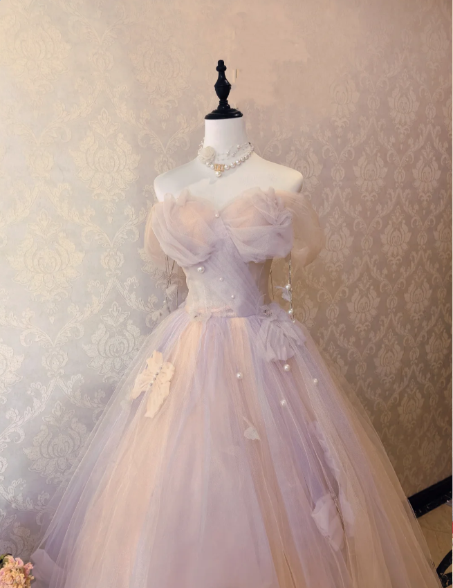 Dreamy Light Pink Off-shoulder Tulle Floor-Length Ball Gown Evening Dress P4132