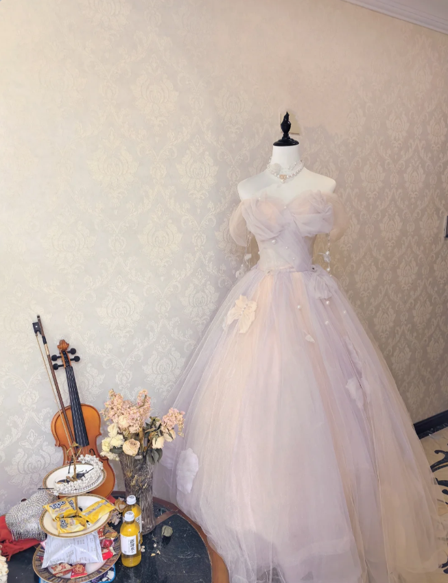 Dreamy Light Pink Off-shoulder Tulle Floor-Length Ball Gown Evening Dress P4132