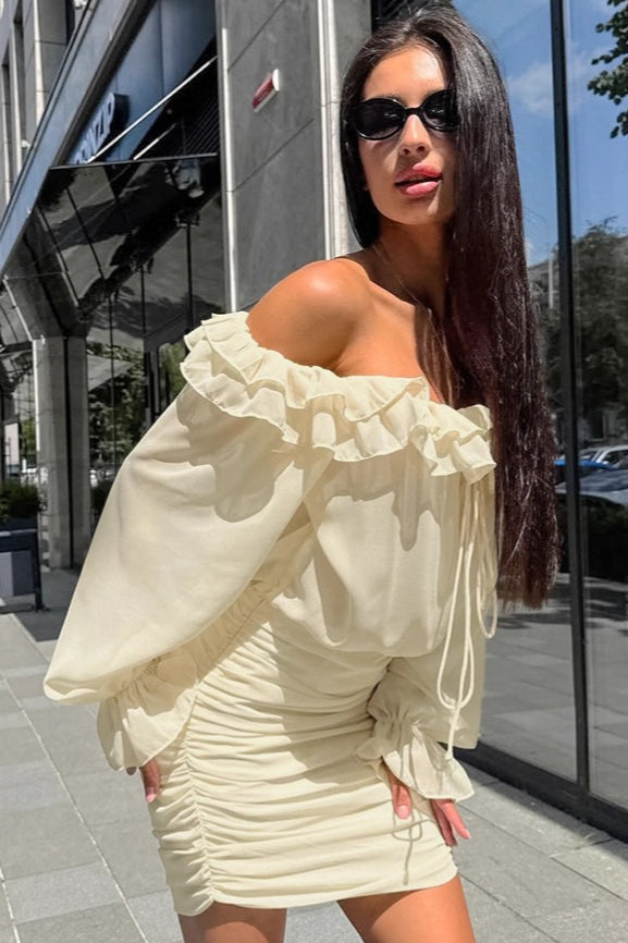 Off Shoulder Long Sleeve Ruffle Tie Front Mini Dress