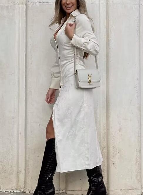 Satin Jacquard Long Sleeve Collared Button Down Ruched Maxi Dress
