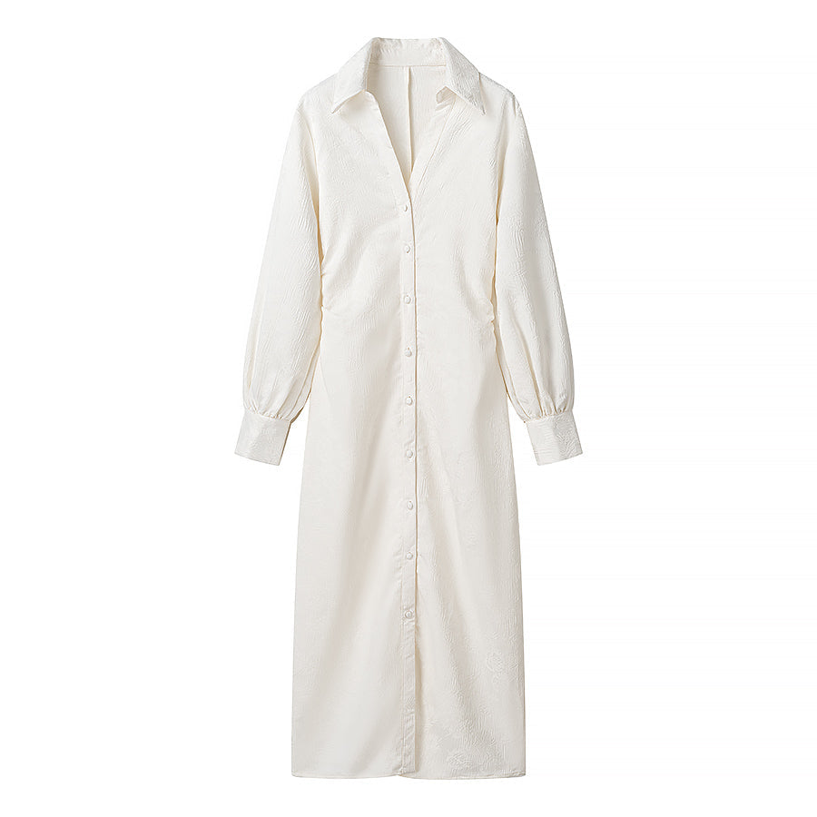 Satin Jacquard Long Sleeve Collared Button Down Ruched Maxi Dress - View 3