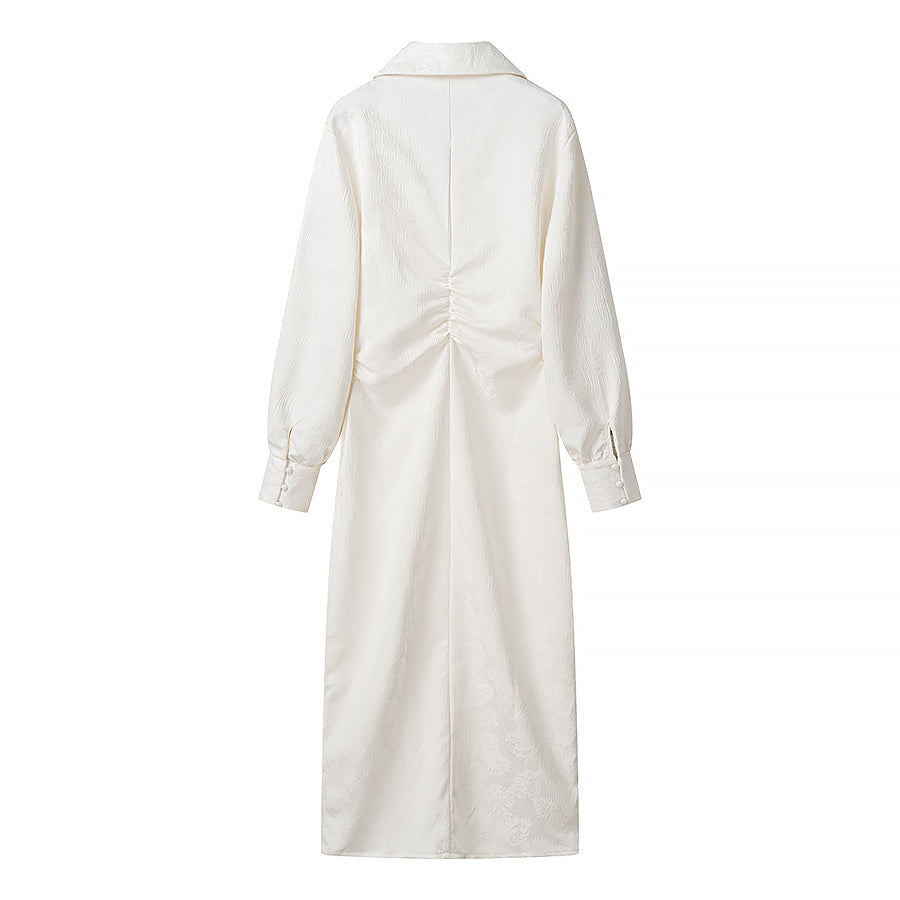 Satin Jacquard Long Sleeve Collared Button Down Ruched Maxi Dress - View 4