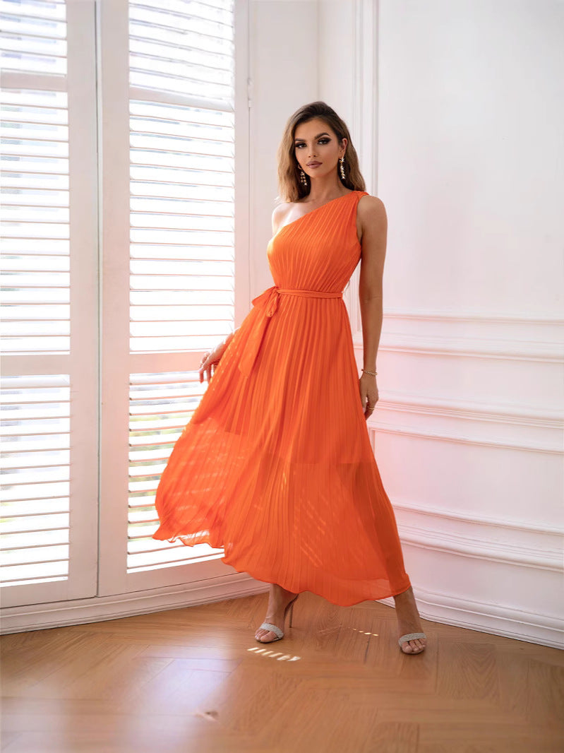 Elegant Collarless One Shoulder Party Dress Chiffon Pleated Waist Dress - Fashionpara