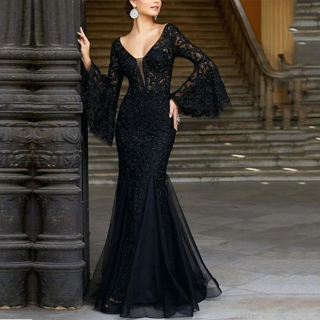 Solid Lace Hollowed Out Split Joint V Neck Evening Dress Dresses - Fashionpara