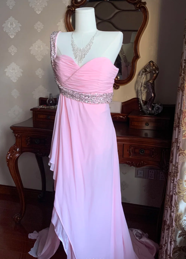Classy One Shoulder Chiffon Beaded Mermaid Long Wedding Guest Dress Pink Evening Dress D1775
