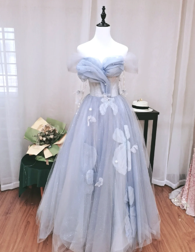 Dreamy Light Blue Butterfly Off-shoulder Tulle Floor Length Ball Gown Evening Dress P4134