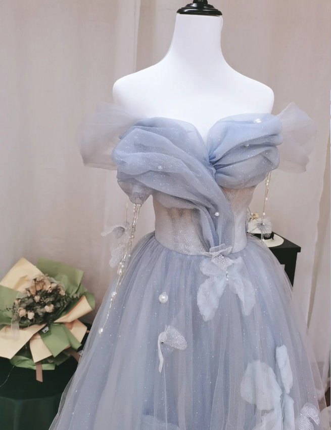 Dreamy Light Blue Butterfly Off-shoulder Tulle Floor Length Ball Gown Evening Dress P4134