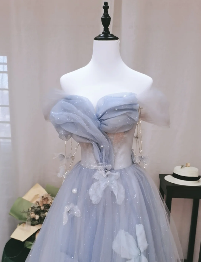 Dreamy Light Blue Butterfly Off-shoulder Tulle Floor Length Ball Gown Evening Dress P4134