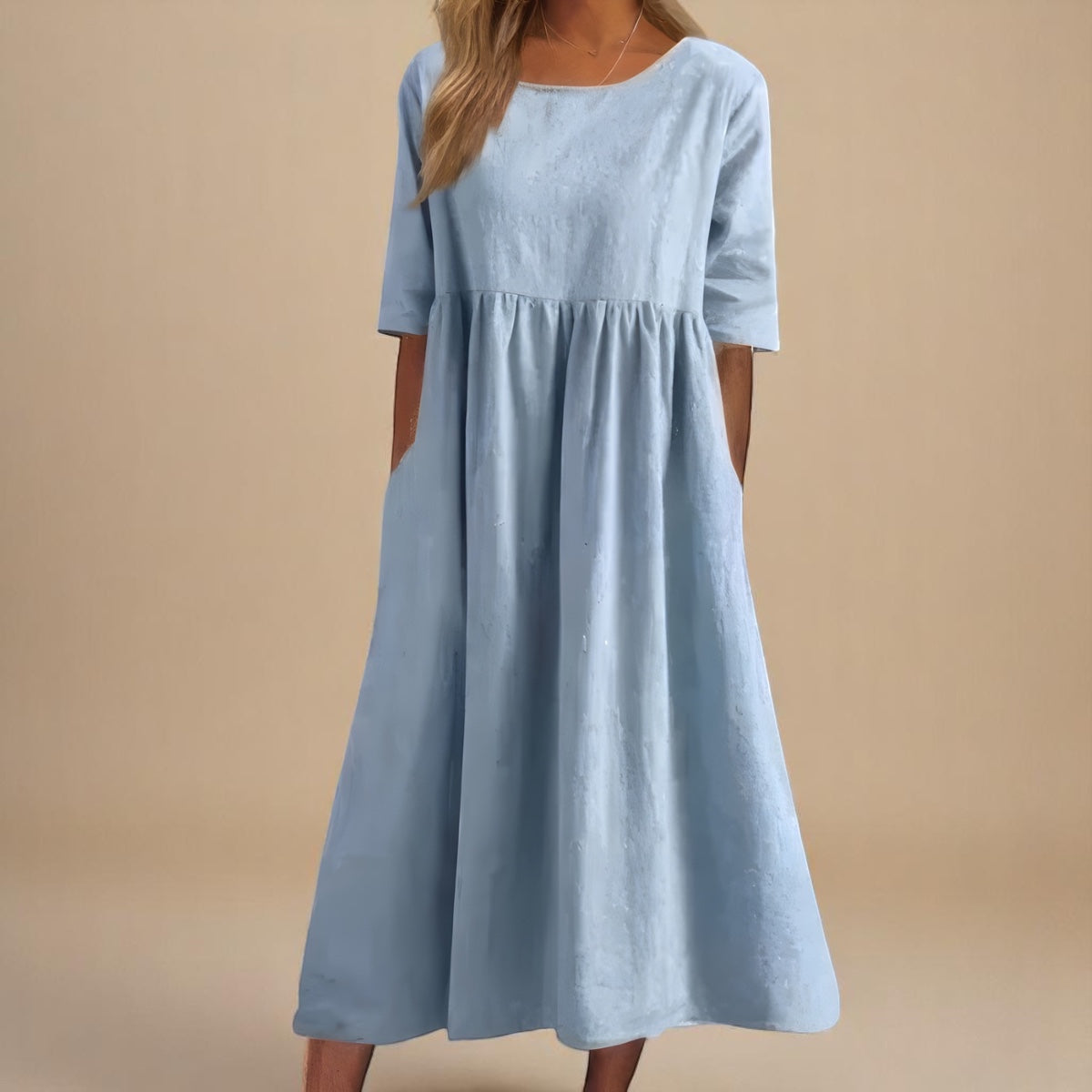 Crew Neck Short Sleeve Pocket Babydoll Midi Dress