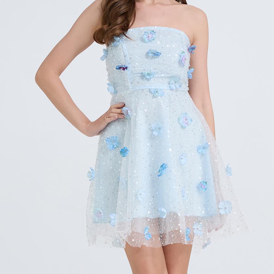 Sequin Strapless 3D Floral Applique Fit and Flare Mini Dress