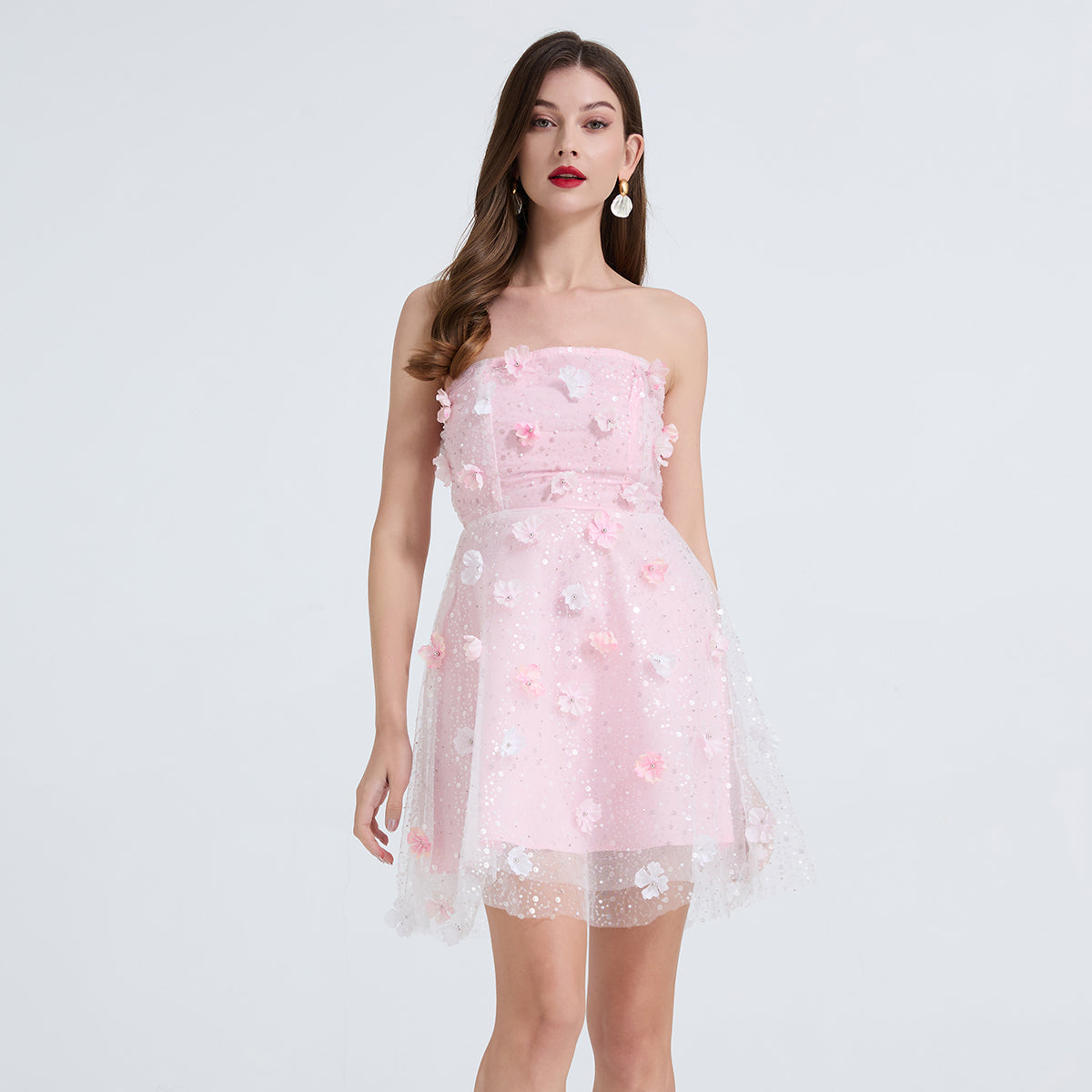Sequin Strapless 3D Floral Applique Fit and Flare Mini Dress - View 2