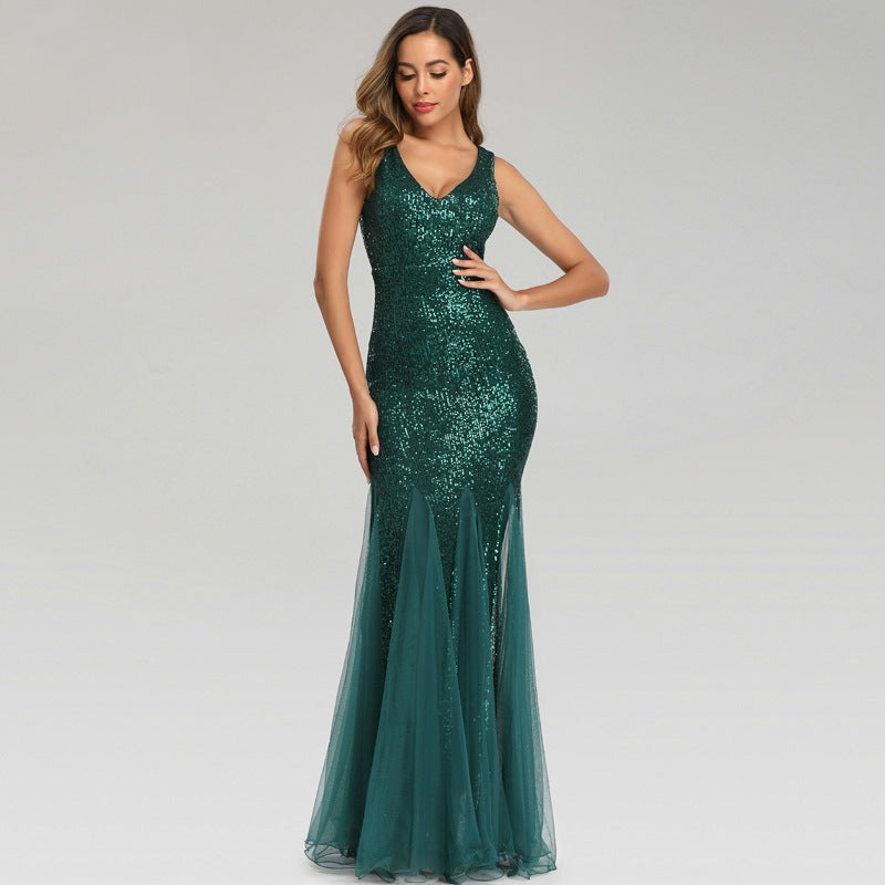 Sequin V-Neck Sleeveless Mesh Panel Mermaid Maxi Dress - View 3