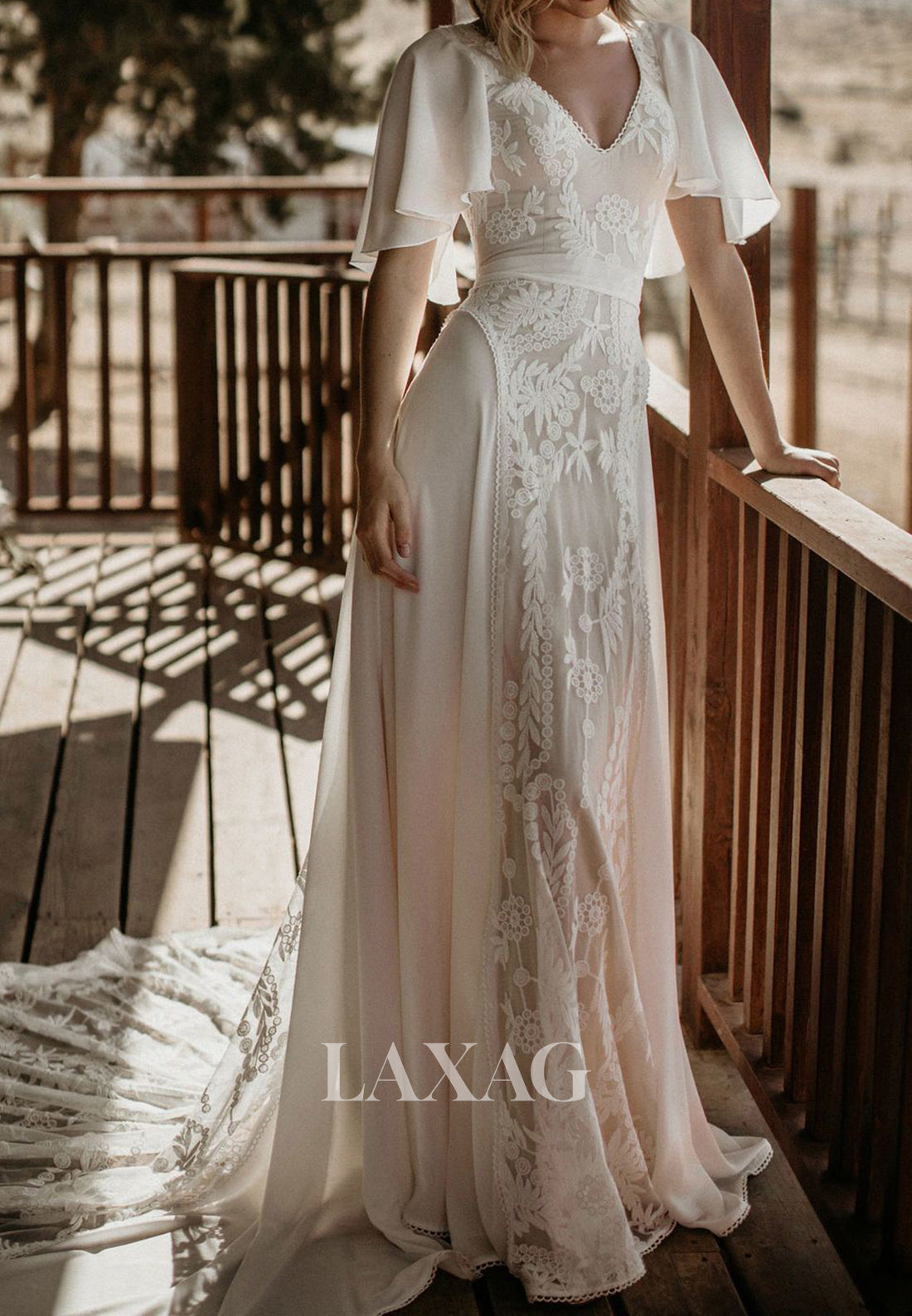 V-Neck Short-Sleeves Lace Backless Bride Gowns Chiffon A-Line Wedding Dress with Sweep Train - Fashionpara