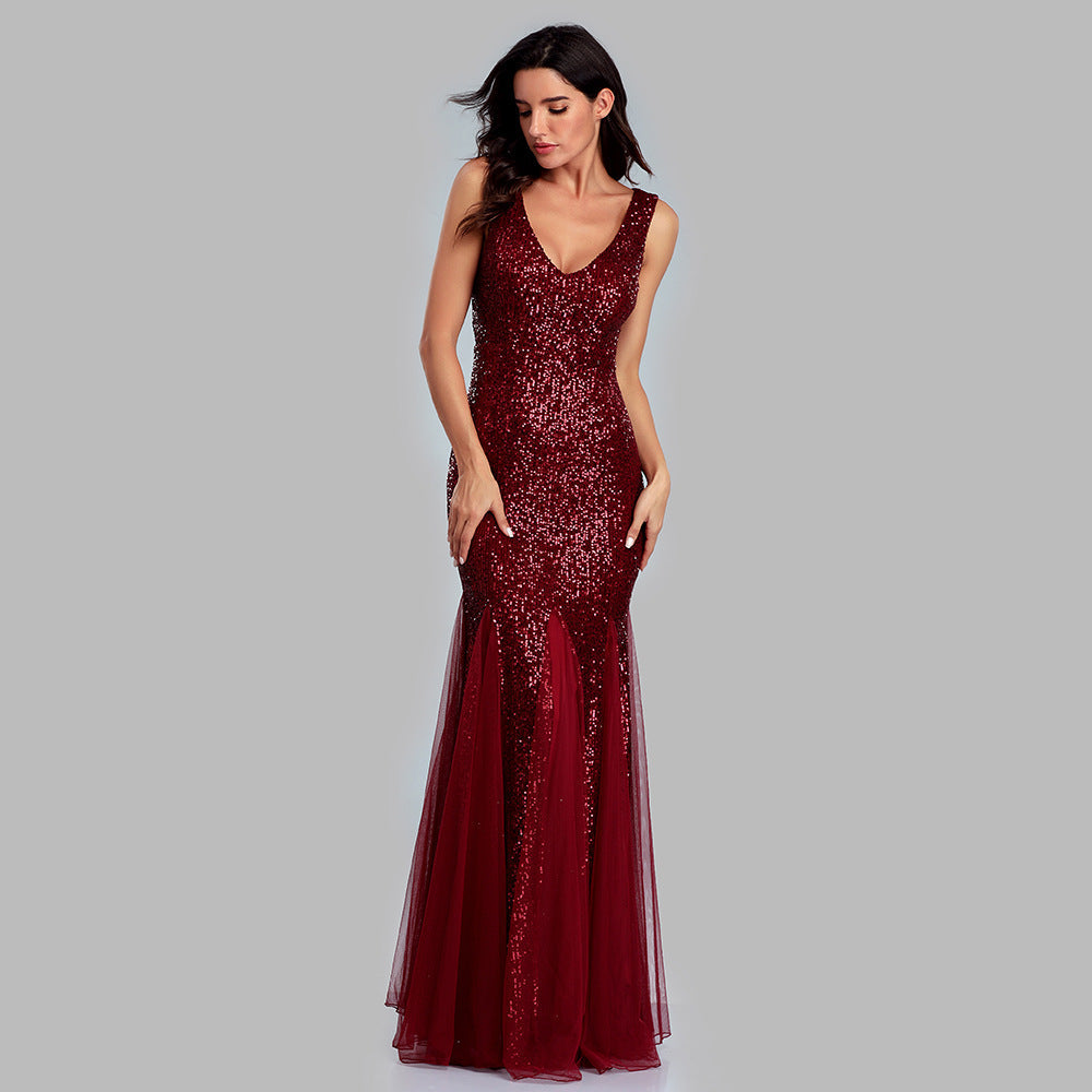 Sequin V-Neck Sleeveless Mesh Panel Mermaid Maxi Dress - View 4