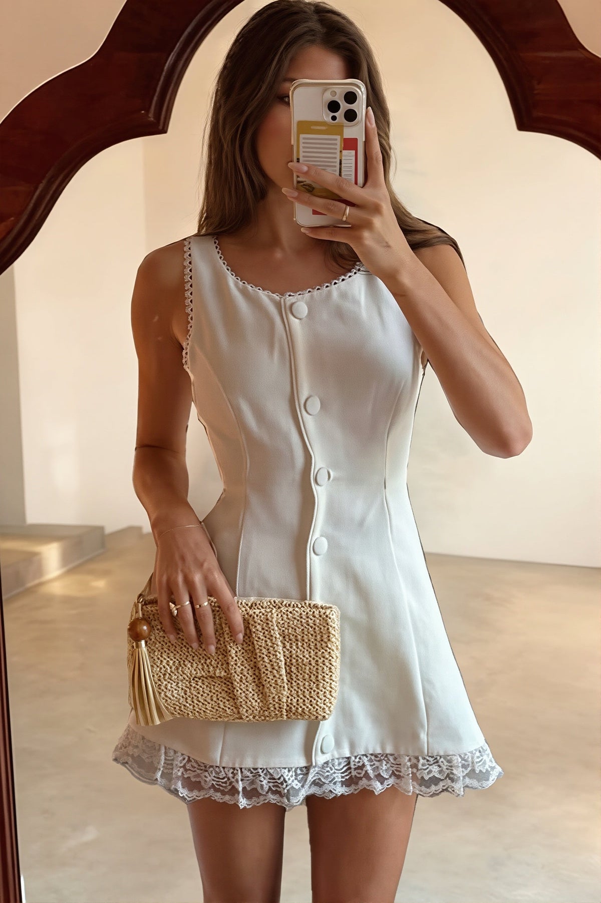 Button-Front Lace-Trim A-Line Mini Dress
