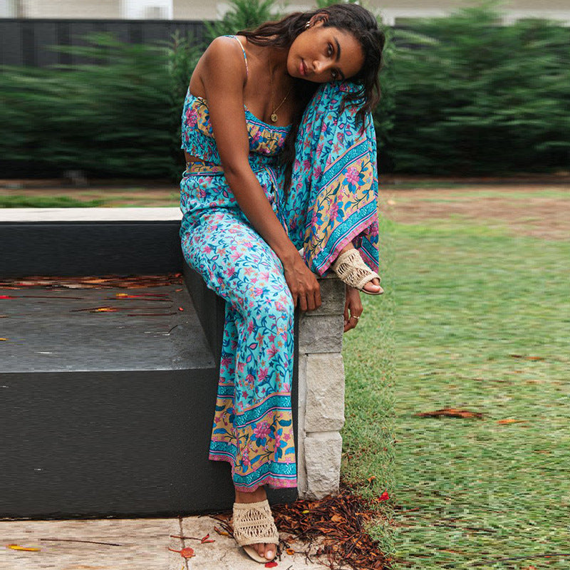 KittenAlarm - Aqua Floral Crop Top and Pants Matching Sets